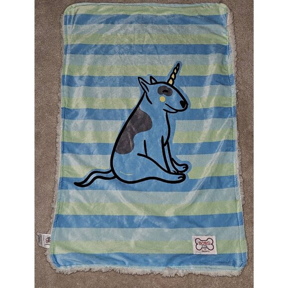 Skechers Bobs For Dogs Fleece Blanket Pet 18x28 Blue Green Stripe Bull Terrier - Picture 1 of 8